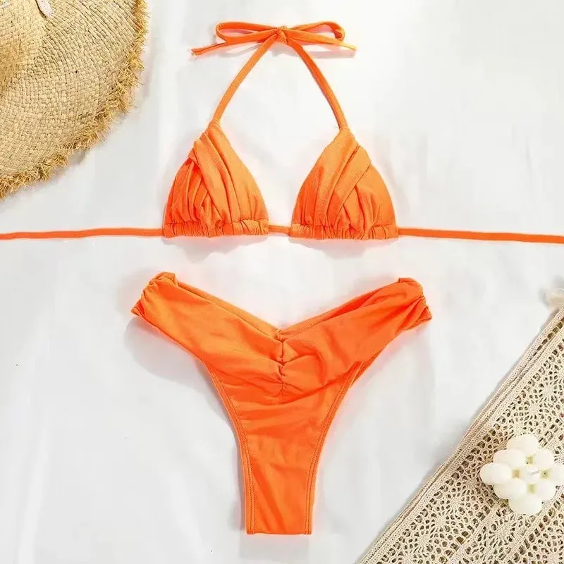 Sexy Micro Bikinis 2024 Women Halter Brazilian Bikini Set Female Pleated Swimsuit New Triangle Swimwear Beach Wear Bathing Suit