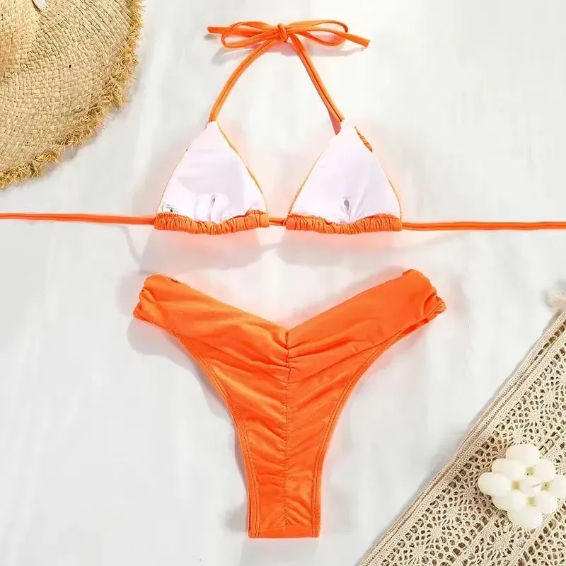 Sexy Micro Bikinis 2024 Women Halter Brazilian Bikini Set Female Pleated Swimsuit New Triangle Swimwear Beach Wear Bathing Suit