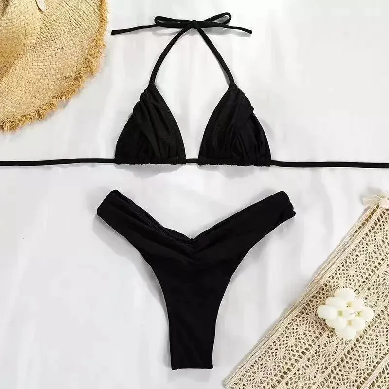 Sexy Micro Bikinis 2024 Women Halter Brazilian Bikini Set Female Pleated Swimsuit New Triangle Swimwear Beach Wear Bathing Suit