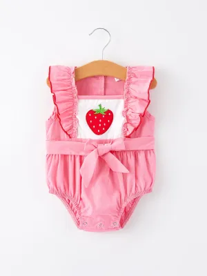 Strawberry Applique Flying Sleeves Girls' Romper