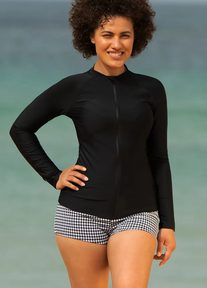 Sustainable Zip Front Long Sleeve Rashies - Black