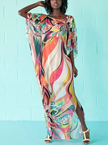 Turkish Print Chiffon Half Sleeve Swimwear Beach Caftan Dress