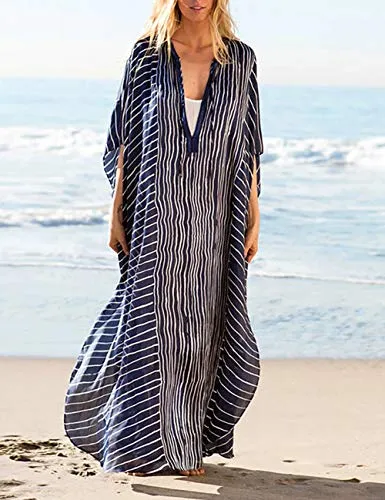 Turkish Print Chiffon Half Sleeve Swimwear Beach Caftan Dress