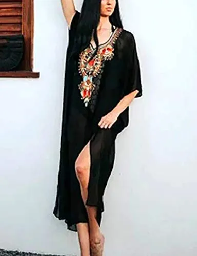 Turkish Print Chiffon Half Sleeve Swimwear Beach Caftan Dress