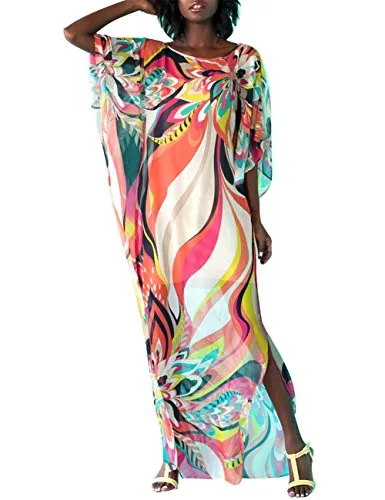 Turkish Print Chiffon Half Sleeve Swimwear Beach Caftan Dress