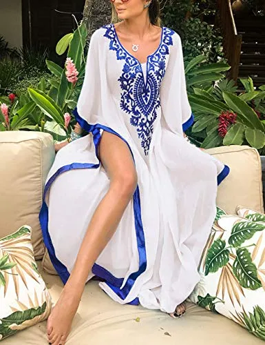 Turkish Print Chiffon Half Sleeve Swimwear Beach Caftan Dress