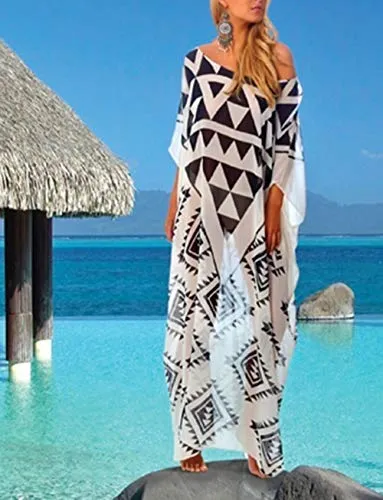 Turkish Print Chiffon Half Sleeve Swimwear Beach Caftan Dress