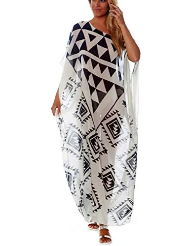 Turkish Print Chiffon Half Sleeve Swimwear Beach Caftan Dress