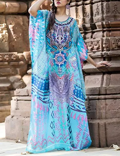 Turkish Print Chiffon Half Sleeve Swimwear Beach Caftan Dress