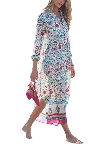 Turkish Print Chiffon Half Sleeve Swimwear Beach Caftan Dress