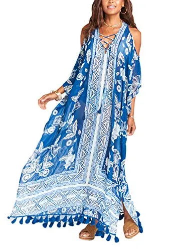 Turkish Print Chiffon Half Sleeve Swimwear Beach Caftan Dress