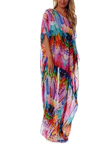 Turkish Print Chiffon Half Sleeve Swimwear Beach Caftan Dress