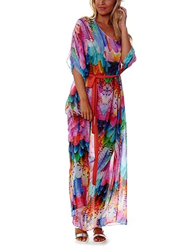 Turkish Print Chiffon Half Sleeve Swimwear Beach Caftan Dress