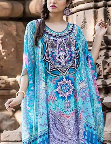 Turkish Print Chiffon Half Sleeve Swimwear Beach Caftan Dress