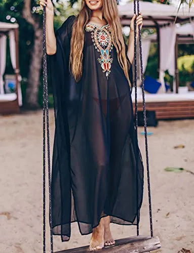 Turkish Print Chiffon Half Sleeve Swimwear Beach Caftan Dress