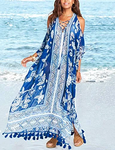 Turkish Print Chiffon Half Sleeve Swimwear Beach Caftan Dress