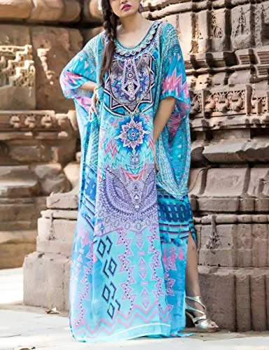 Turkish Print Chiffon Half Sleeve Swimwear Beach Caftan Dress