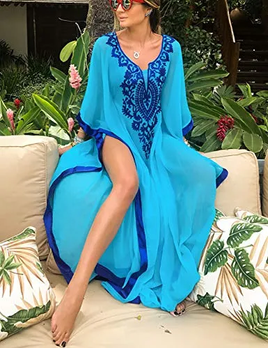 Turkish Print Chiffon Half Sleeve Swimwear Beach Caftan Dress