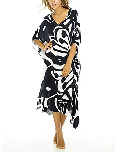 Turkish Print Chiffon Half Sleeve Swimwear Beach Caftan Dress