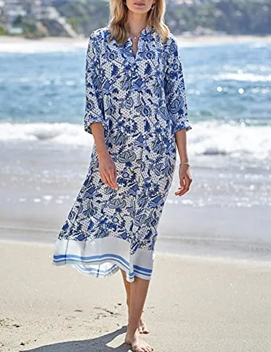 Turkish Print Chiffon Half Sleeve Swimwear Beach Caftan Dress