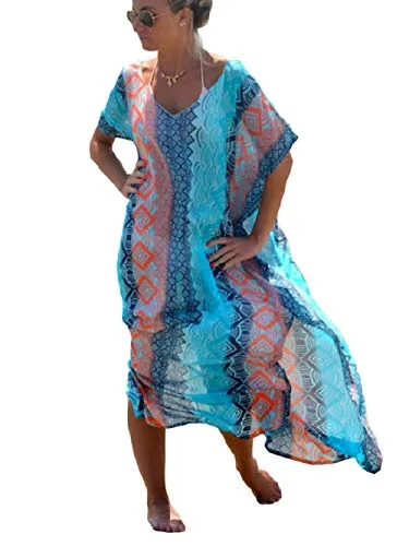 Turkish Print Chiffon Half Sleeve Swimwear Beach Caftan Dress