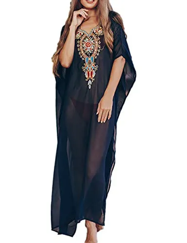 Turkish Print Chiffon Half Sleeve Swimwear Beach Caftan Dress