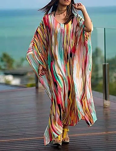 Turkish Print Chiffon Half Sleeve Swimwear Beach Caftan Dress