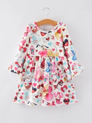 Valentine's Day Girls Dress Cartoon Character Print