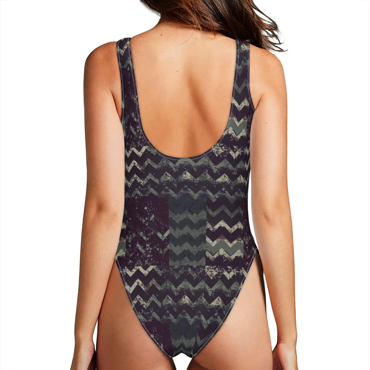 Vampire Art Grunge Patchwork High Leg One-Piece Swimsuit - Dark herringbone