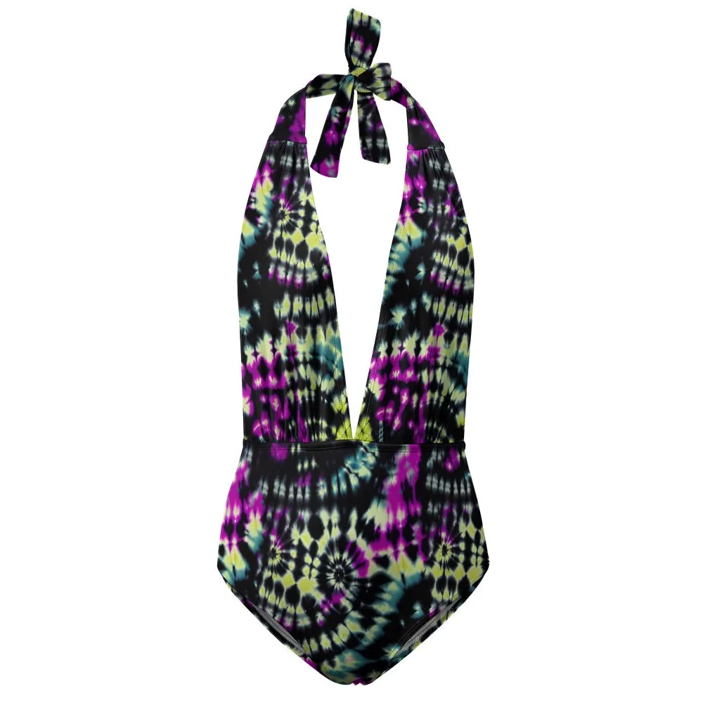 Vampire Art Hippie Tie-Dye Motif Festival Boho One Piece Halter Swimsuit - Black with Purple