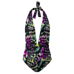 Vampire Art Hippie Tie-Dye Motif Festival Boho One Piece Halter Swimsuit - Black with Purple