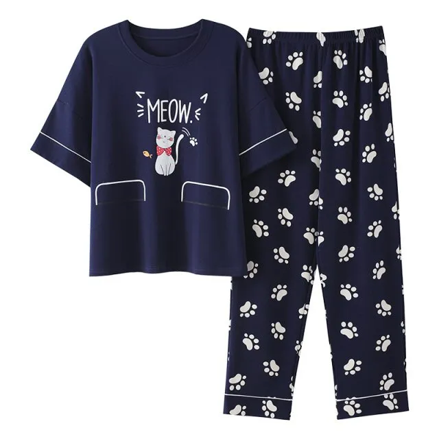 VenusFox Cotton Sleepwear Summer Spring Home Wear Cartoon Printing Plus Size Big Pajamas Fashion Cotton Sleepwear for Women