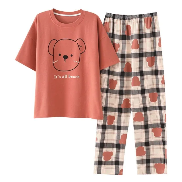 VenusFox Cotton Sleepwear Summer Spring Home Wear Cartoon Printing Plus Size Big Pajamas Fashion Cotton Sleepwear for Women