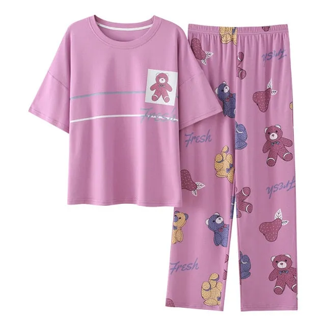 VenusFox Cotton Sleepwear Summer Spring Home Wear Cartoon Printing Plus Size Big Pajamas Fashion Cotton Sleepwear for Women