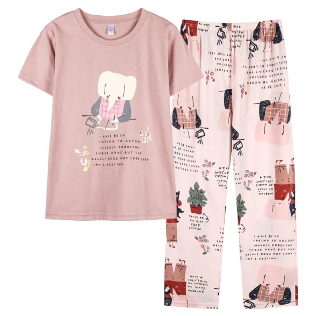 VenusFox Cotton Sleepwear Summer Spring Home Wear Cartoon Printing Plus Size Big Pajamas Fashion Cotton Sleepwear for Women