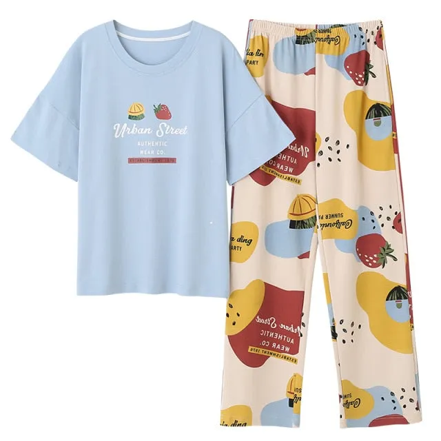 VenusFox Cotton Sleepwear Summer Spring Home Wear Cartoon Printing Plus Size Big Pajamas Fashion Cotton Sleepwear for Women