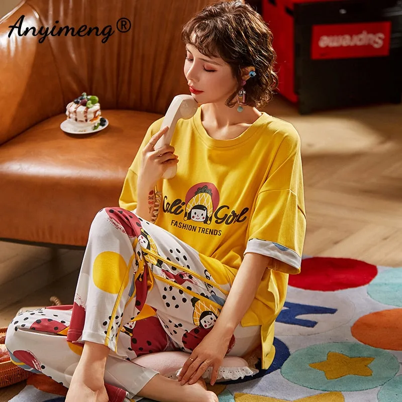 VenusFox Cotton Sleepwear Summer Spring Home Wear Cartoon Printing Plus Size Big Pajamas Fashion Cotton Sleepwear for Women