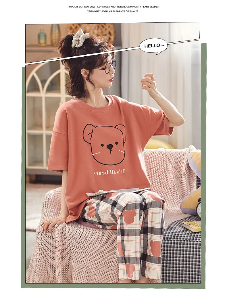 VenusFox Cotton Sleepwear Summer Spring Home Wear Cartoon Printing Plus Size Big Pajamas Fashion Cotton Sleepwear for Women