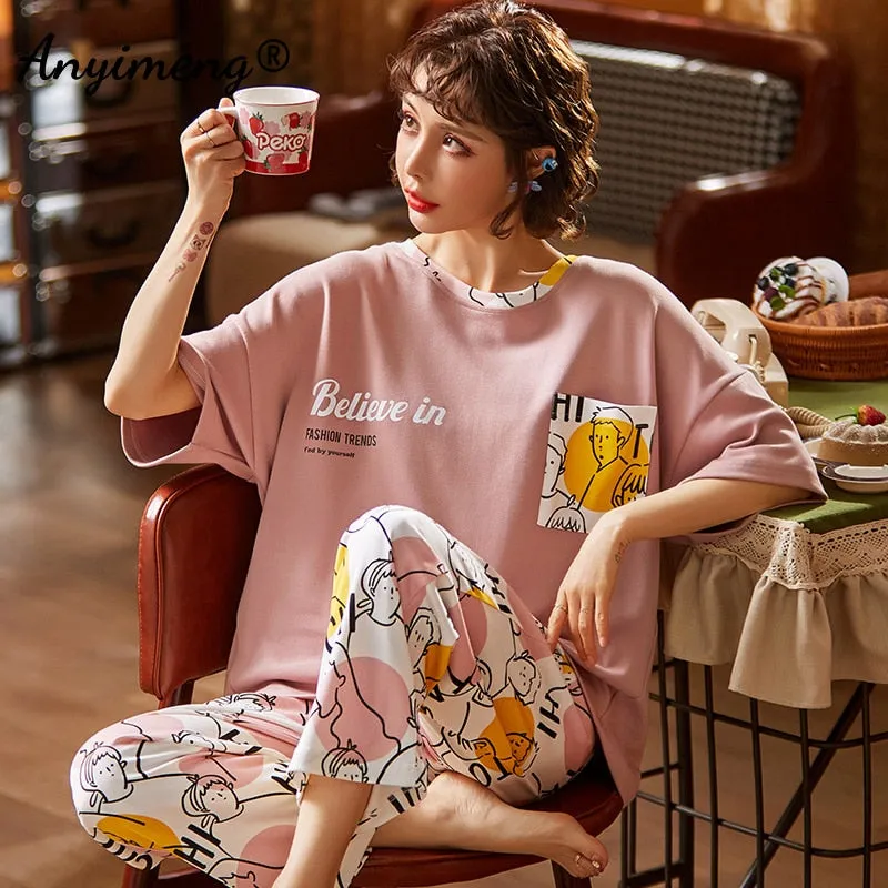 VenusFox Cotton Sleepwear Summer Spring Home Wear Cartoon Printing Plus Size Big Pajamas Fashion Cotton Sleepwear for Women