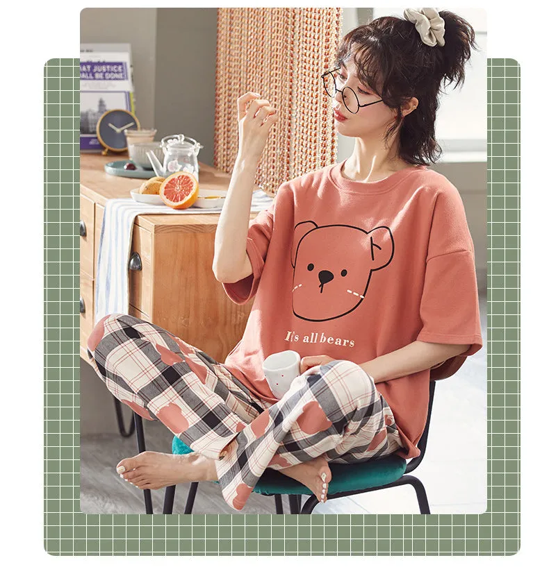 VenusFox Cotton Sleepwear Summer Spring Home Wear Cartoon Printing Plus Size Big Pajamas Fashion Cotton Sleepwear for Women