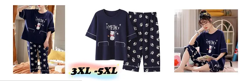 VenusFox Cotton Sleepwear Summer Spring Home Wear Cartoon Printing Plus Size Big Pajamas Fashion Cotton Sleepwear for Women