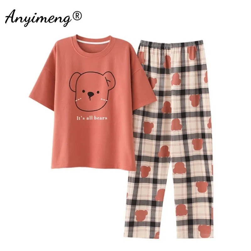 VenusFox Cotton Sleepwear Summer Spring Home Wear Cartoon Printing Plus Size Big Pajamas Fashion Cotton Sleepwear for Women