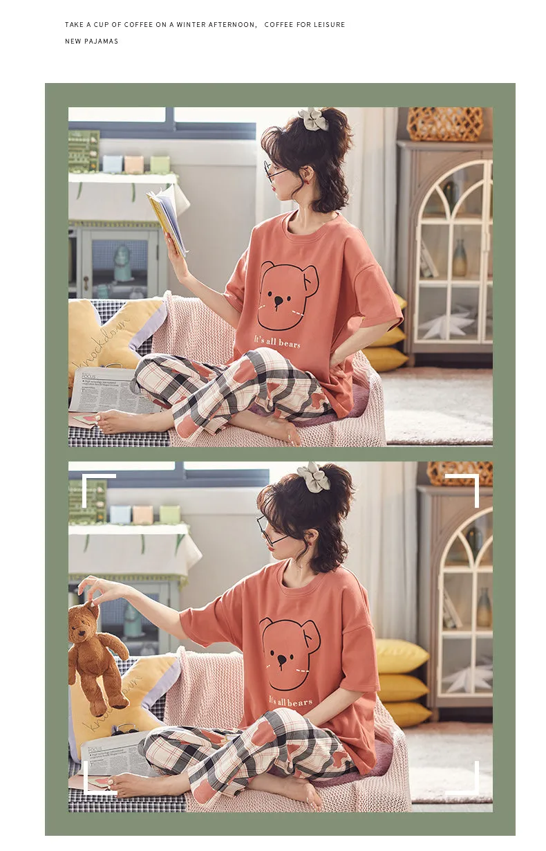 VenusFox Cotton Sleepwear Summer Spring Home Wear Cartoon Printing Plus Size Big Pajamas Fashion Cotton Sleepwear for Women