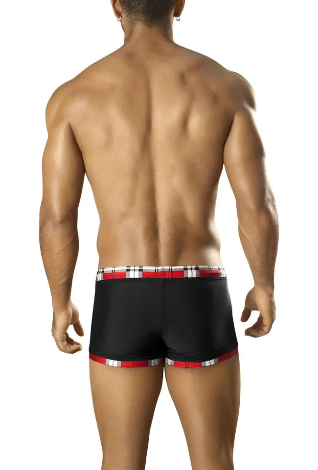 Vuthy Plaid Contrast Waistband & Leg Trim Square Cut Trunk Swimwear Black/Red 303 Size XL