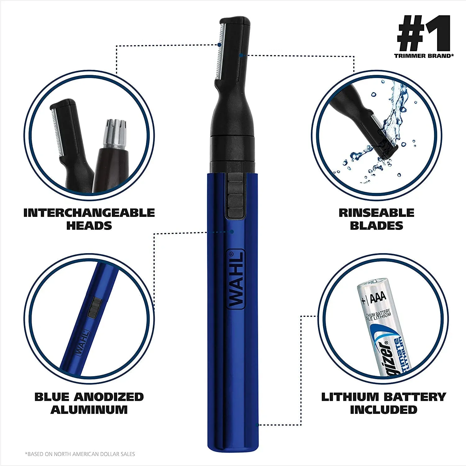 Wahl Lithium Two-In-One Pen Detail Trimmer for Nose, Ear, Neckline, Eyebrow, & Other Detailing - Blue - by the Brand Used by Professionals - Model 5643-200