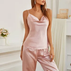 Women's Pajamas Set Silk Like Homewear Solid Sling Top Pants Simplicity Nightgown Elegant Home Clothes пижама женская